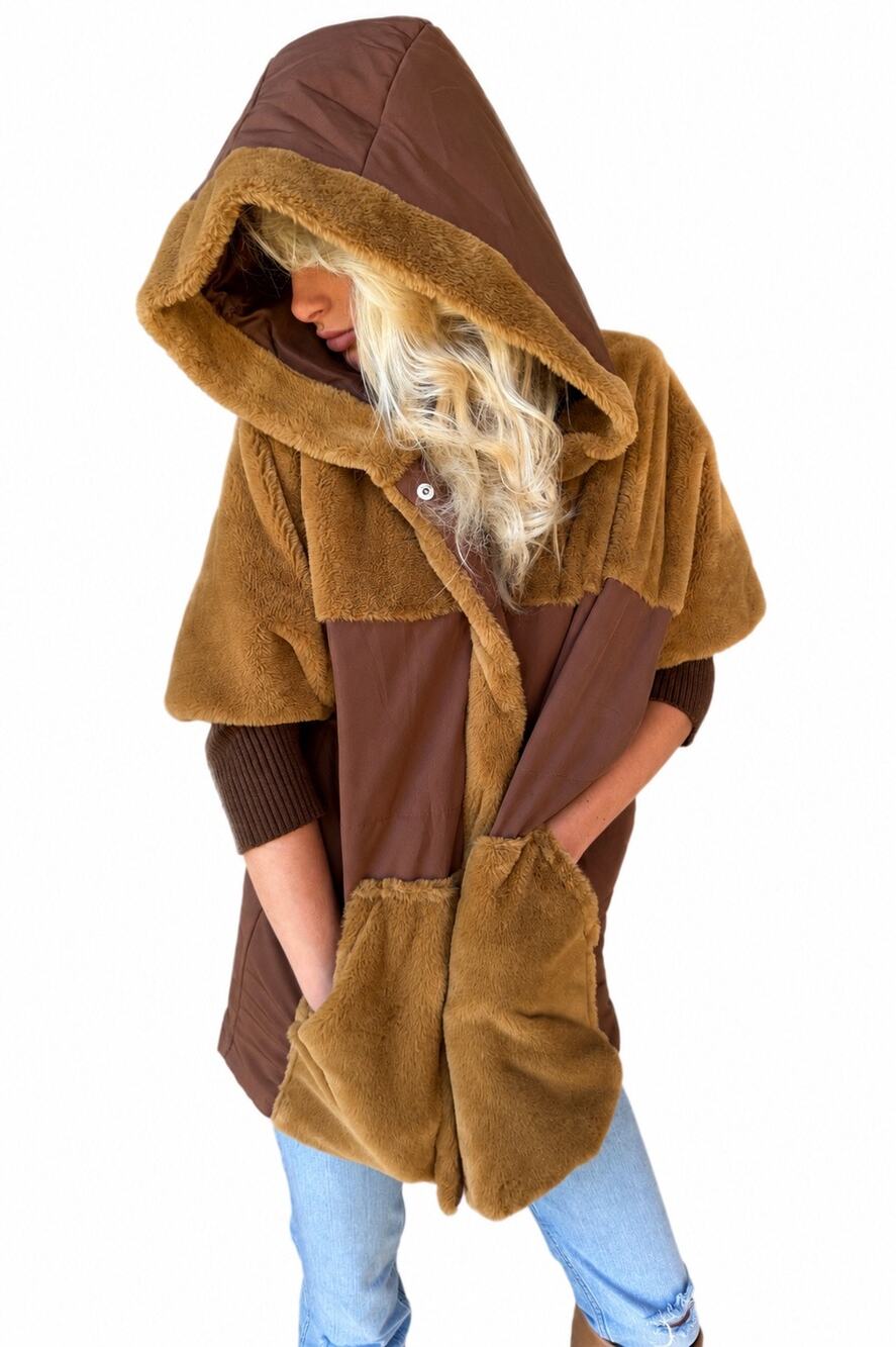 Brown Faux-Fur Hooded Cape / Poncho Coat